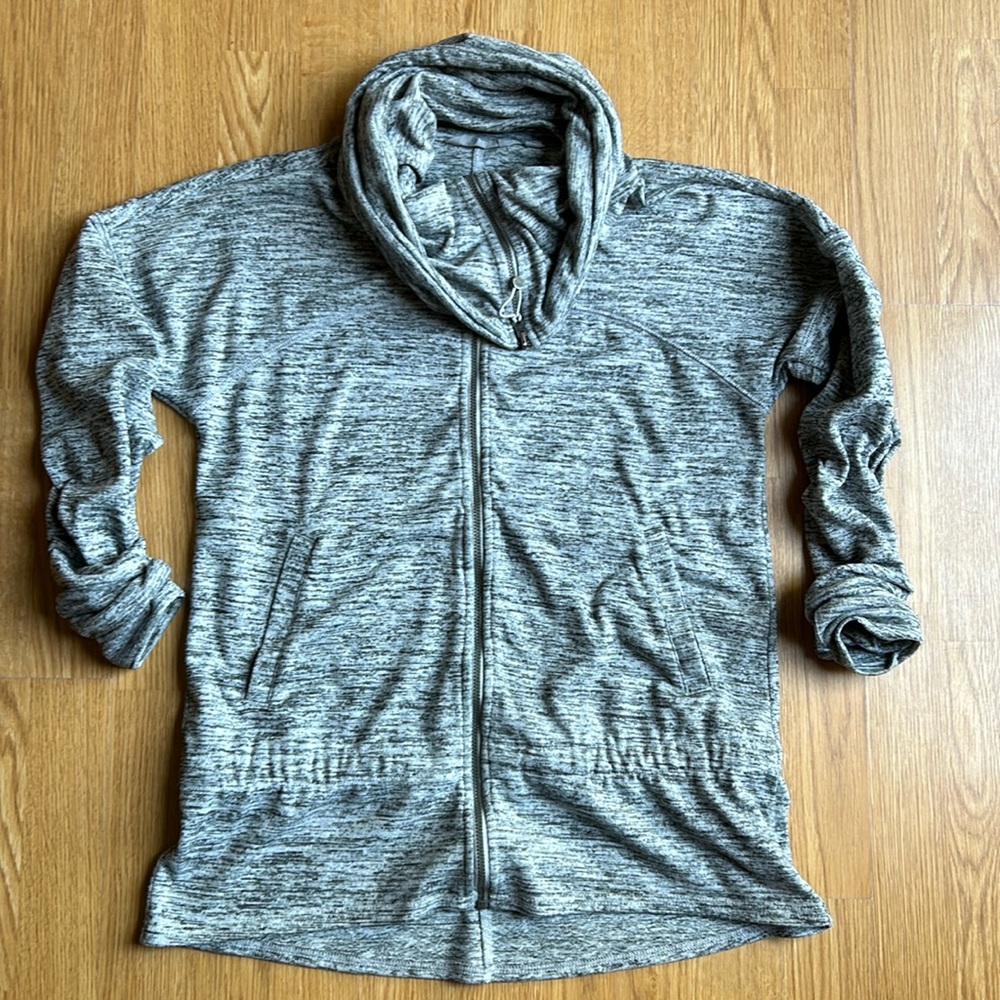 Athleta Full Zip Cinch Waist Cowl Neck Workout Jacket-Sz Small. Heather Grey